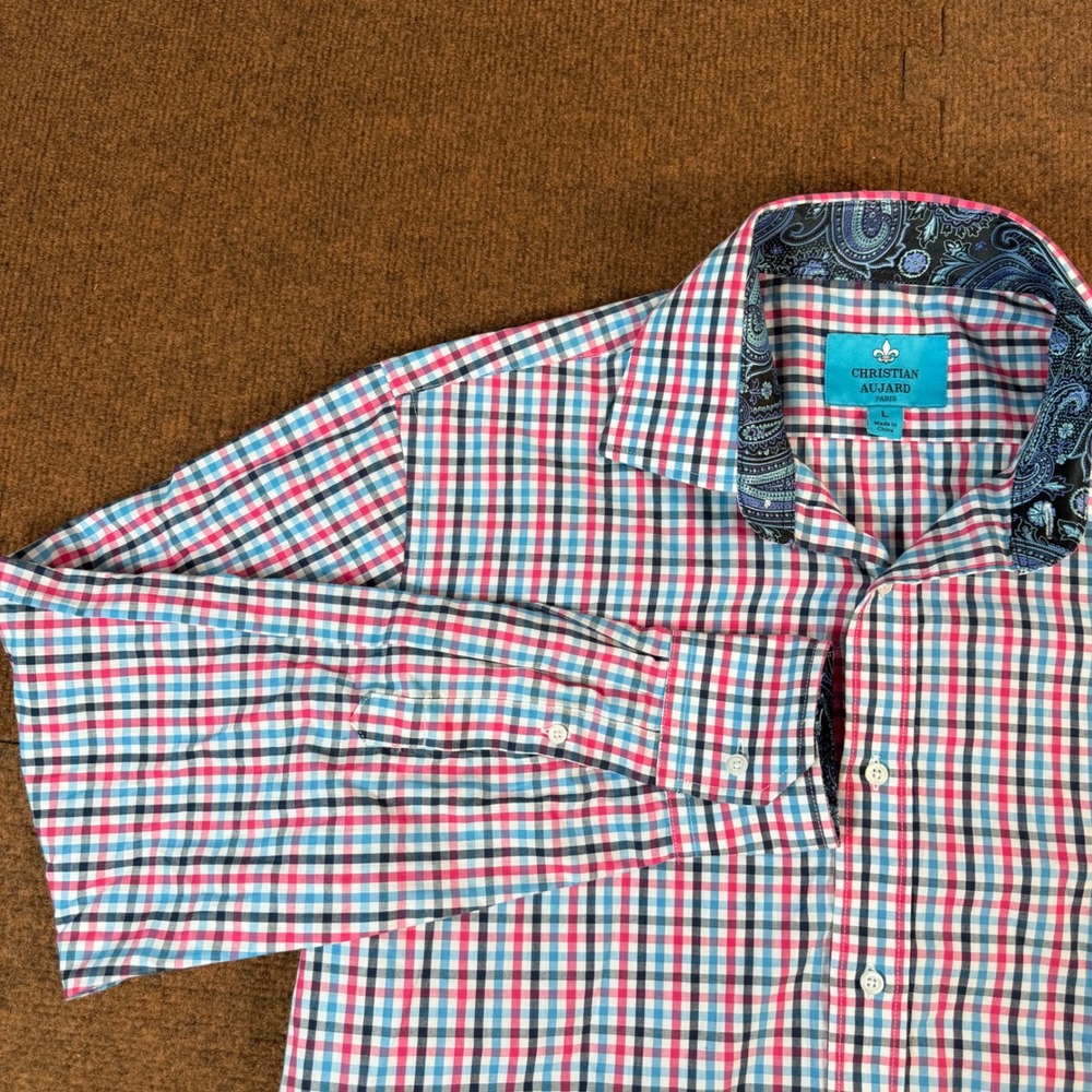 Christian Aujard Paris Mens Large Check Button Down Shirt Paisley Trim Pink Blue
